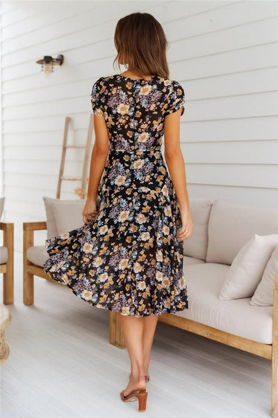 Black Floral Surplice Midi Dress