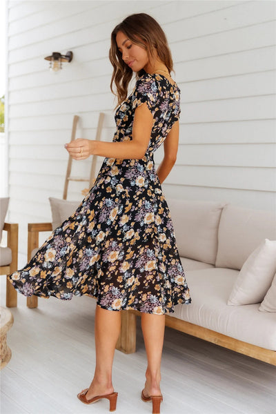 Black Floral Surplice Midi Dress