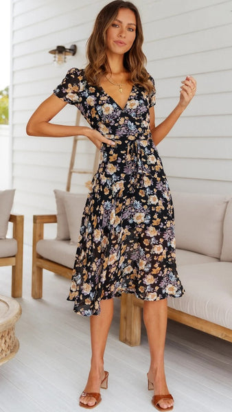 Black Floral Surplice Midi Dress