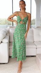 Green Floral Bowknot Slip Midi Dress