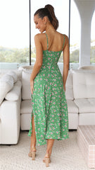 Green Floral Bowknot Slip Midi Dress
