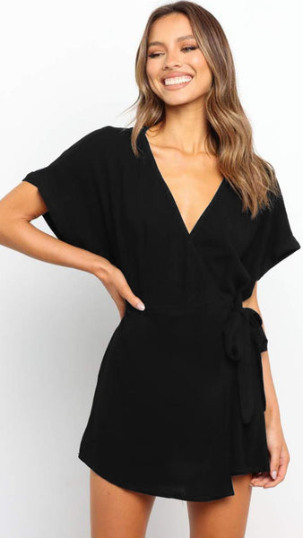 Black Waist Tie Wrap Romper