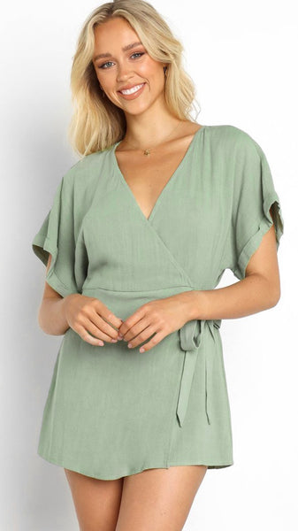 Green Waist Tie Wrap Romper