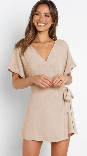 Beige Waist Tie Wrap Romper