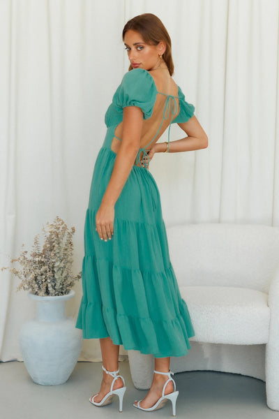 Green Solid Open Back Midi Dress