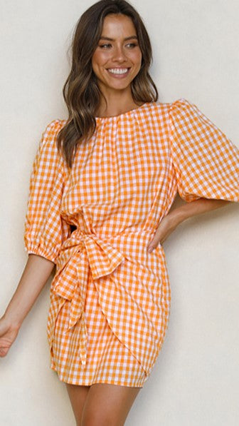 Orange Gingham Print Mini Dress