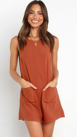 Brown Patched Pockets Slim Romper