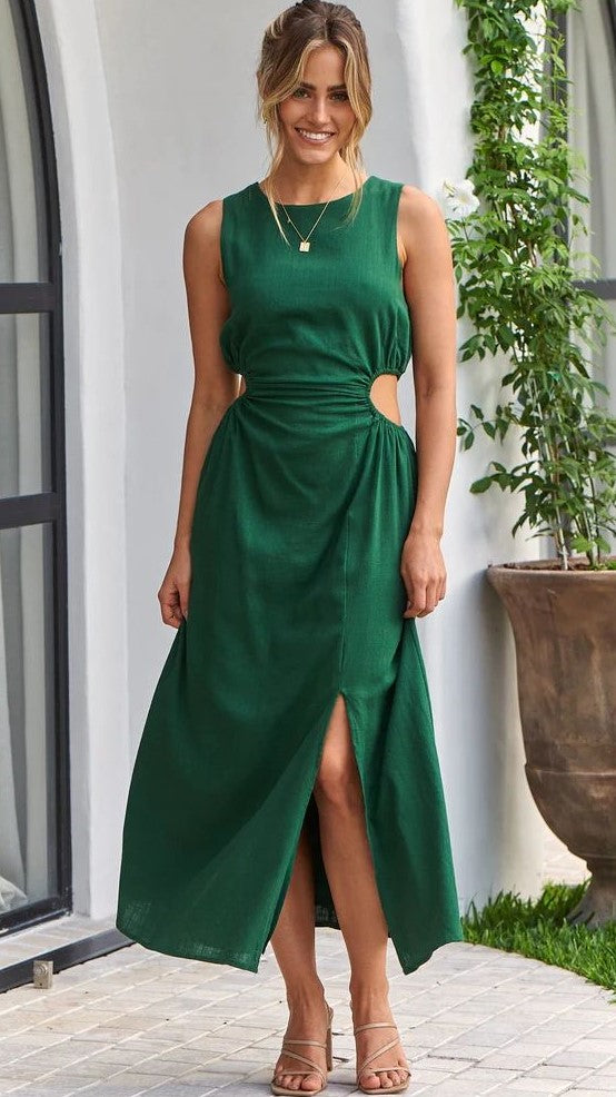 Olive Green Cutout Waist Midi Dress