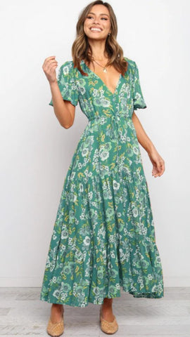 Green Floral Withdraw Midi Dress