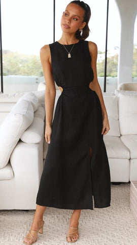 Black Cutout Waist Midi Dress