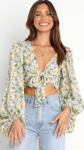 Green Floral Front Tie Crop Top