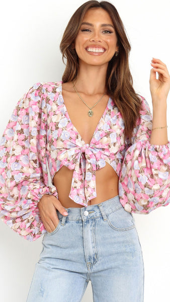 Pink Floral Front Tie Crop Top