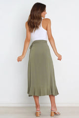 Olive Green Waist Tie Midi Skirts