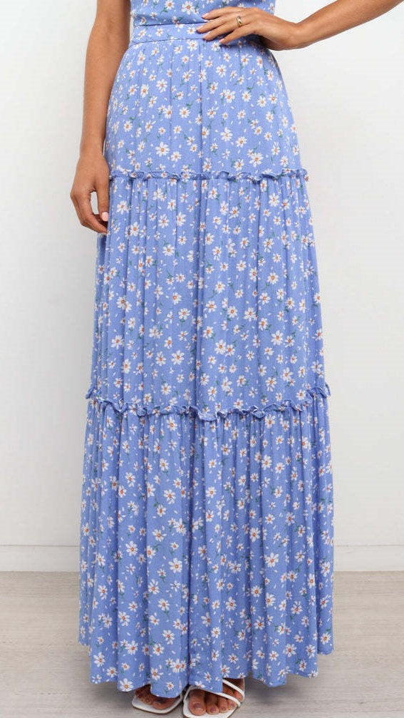 Blue Floral One Shoulder Top and Skirt Sets