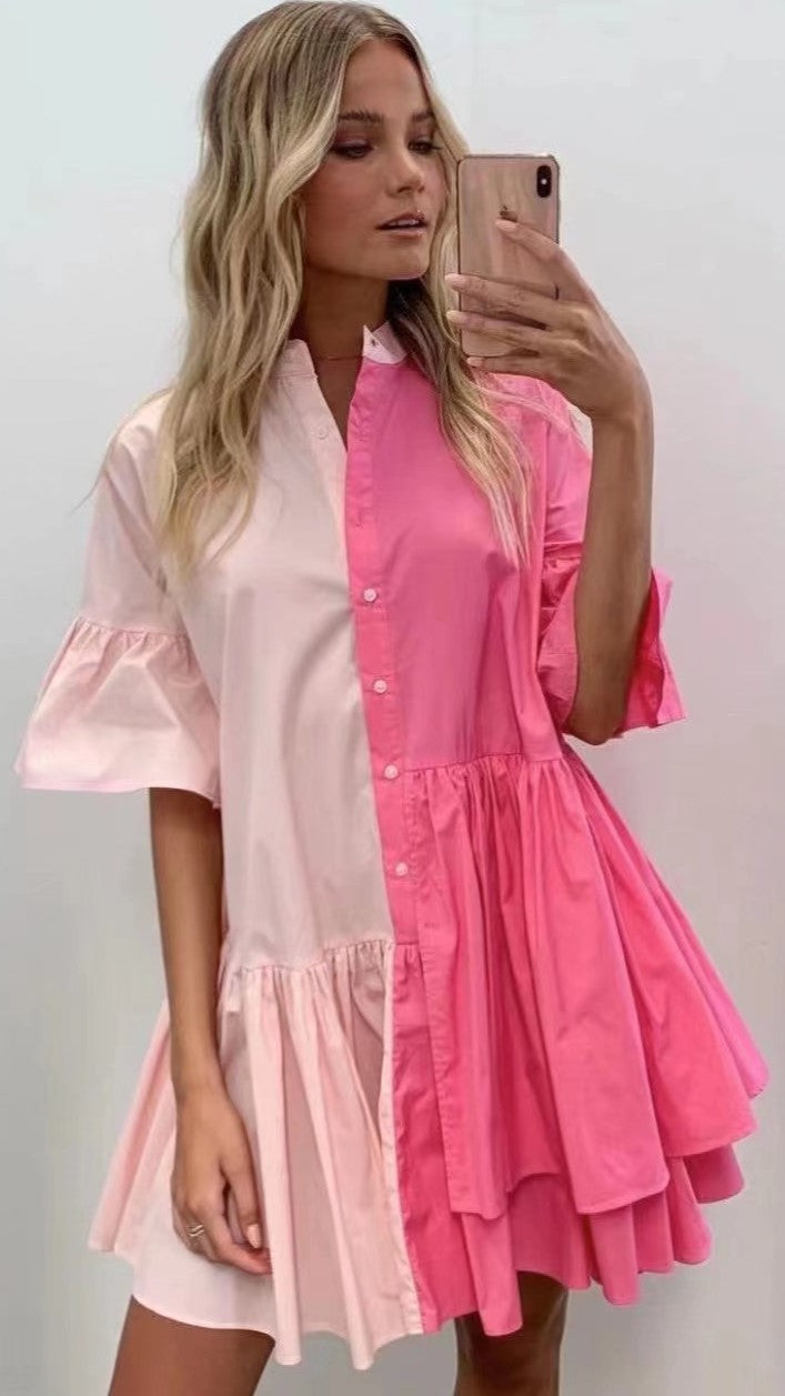 Hot Pink Color Block Shirt Dress