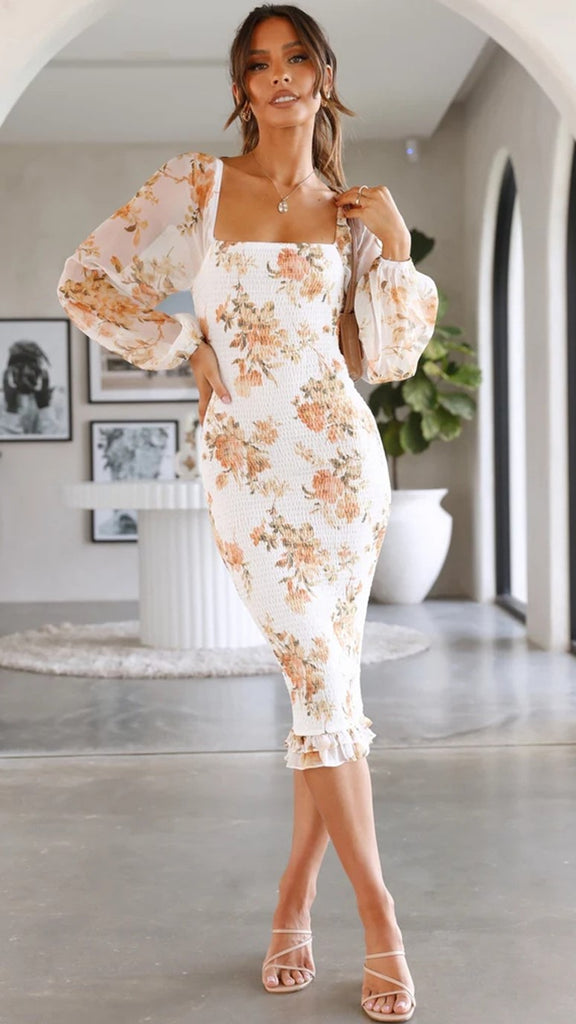 Beige Floral Smocked Bodycon Dress Gabi Swimwear Beige Floral Smocked Bodycon Dress Gabi Swimwear