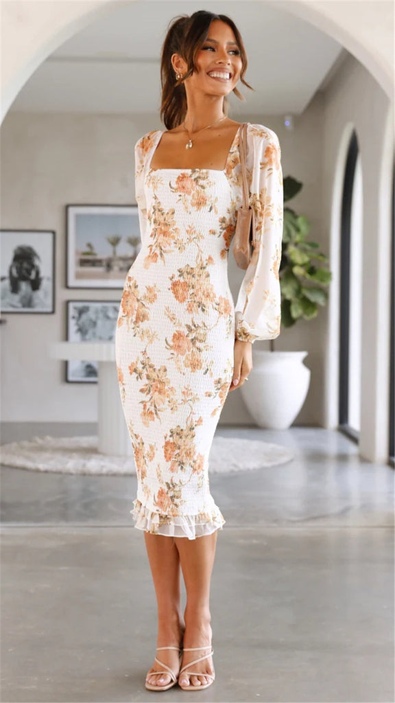 Beige Floral Smocked Bodycon Dress