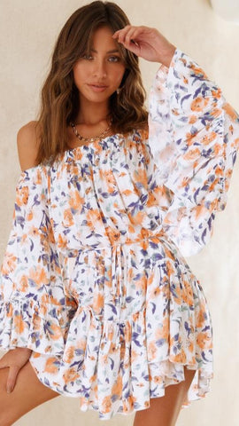 Orange Floral Off Shoulder Romper