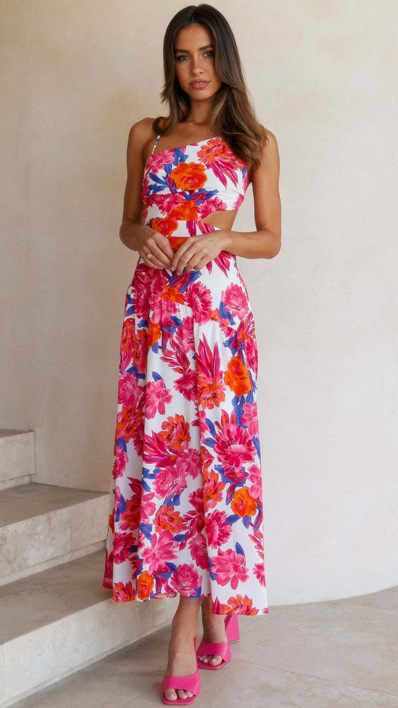 Red Rose Print Backless Midi Dress Gabi Swimwear Red Rose Print Backless Midi Dress Gabi Swimwear