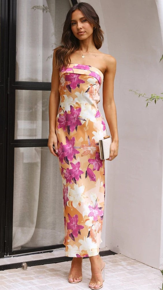 Hot Pink Floral Bandeau Midi Dress Gabi Swimwear Hot Pink Floral Bandeau Midi Dress Gabi Swimwear