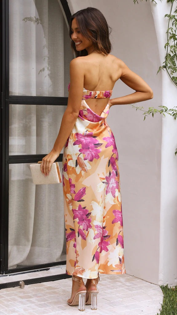 Green Satin Floral Trim Maxi Dress – Gabi Swimwear