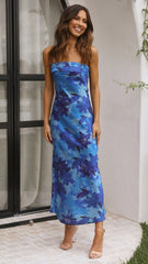 Royal Blue Floral Bandeau Midi Dress