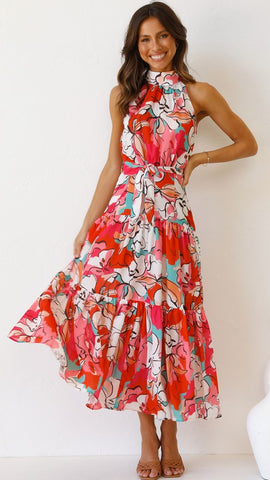 Red Rose Print Sleeveless Midi Dress