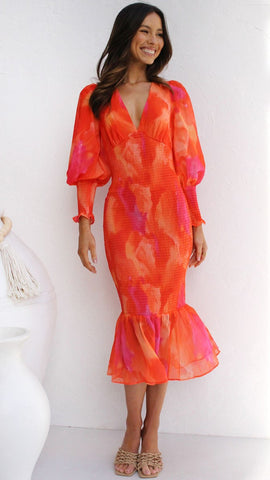 Orange Smocked Fishtail Midi Dress