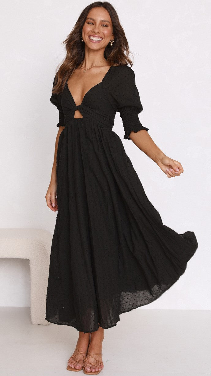 Black Solid Front Twist Midi Dress