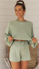 Olive Green Crop Sweatshirt and Shorts Sets