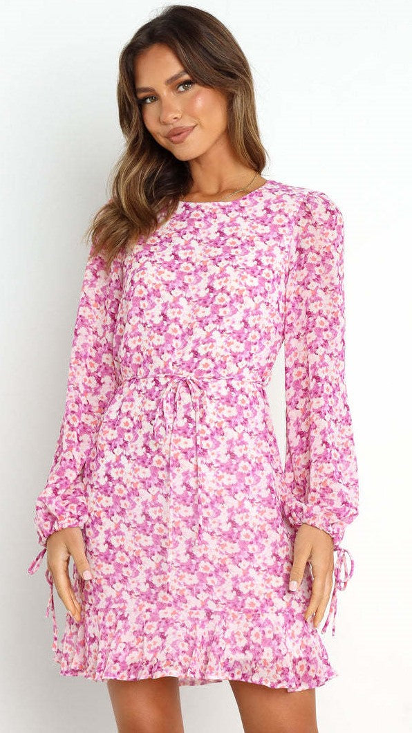 Hot Pink Floral Long Sleeves Mini Dress