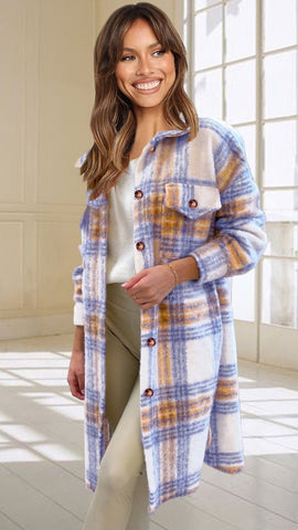 Purple Gingham Print Longline Coat