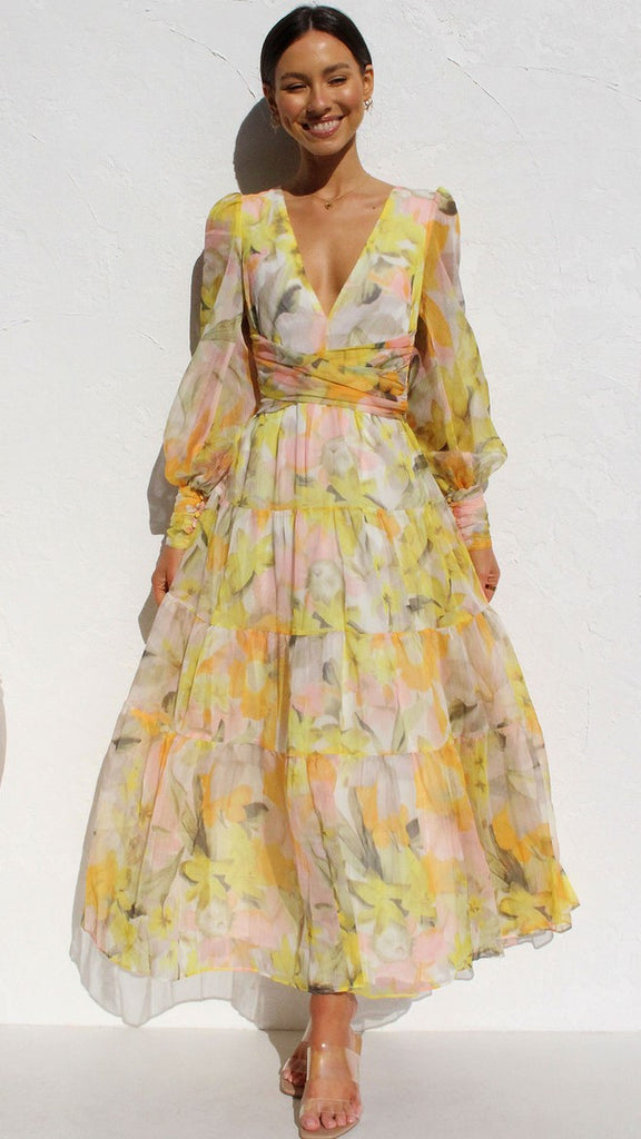 Yellow Floral Long Sleeves Midi Dress Gabi Swimwear Yellow Floral Long Sleeves Midi Dress Gabi Swimwear