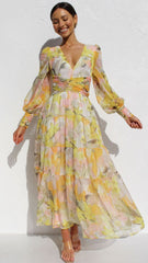 Yellow Floral Long Sleeves Midi Dress
