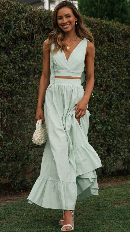 Mint Green Crop Top and Skirt Sets