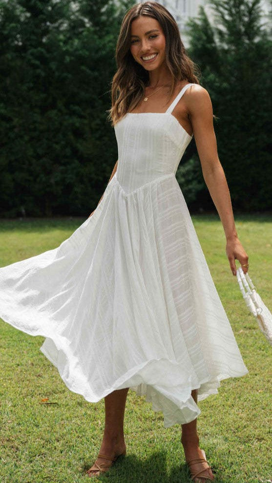 White Pleated Slip Midi Dress