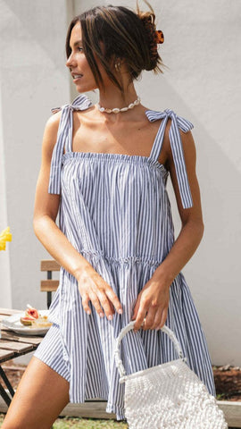 Blue Striped Shoudler Tie Mini Dress