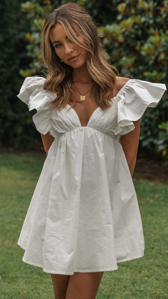 White Flare Sleeves Bowknot Mini Dress Gabi Swimwear White Flare Sleeves Bowknot Mini Dress Gabi Swimwear