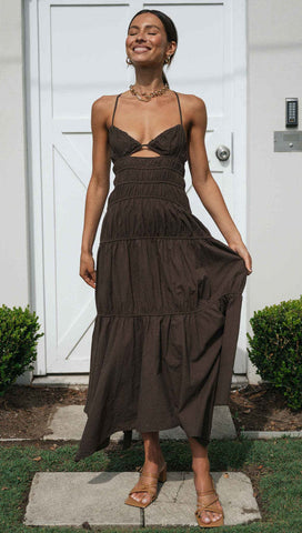 Chocolate Pleated Slip Midi Dress