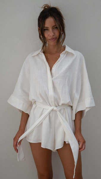 White Waist-Tie Romper