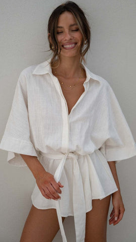 White Waist-Tie Romper