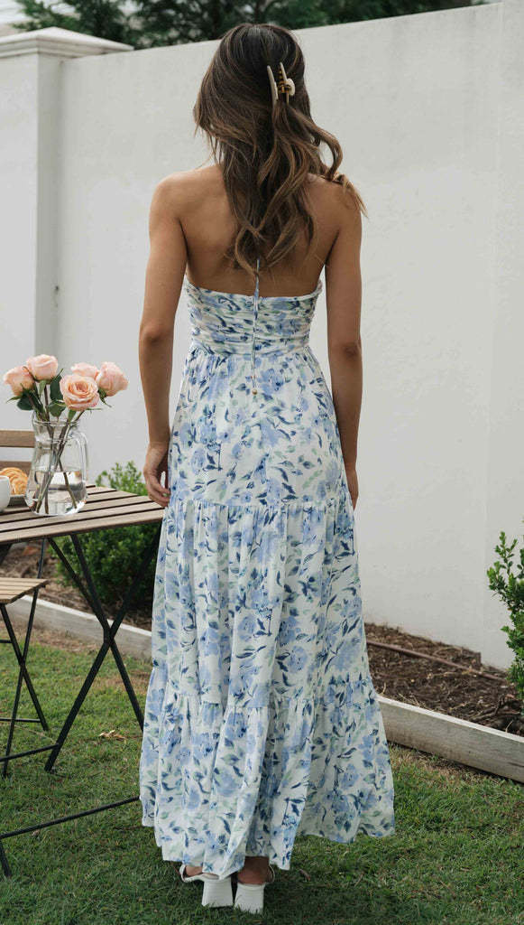 Blue Floral Halter Neck Midi Dress