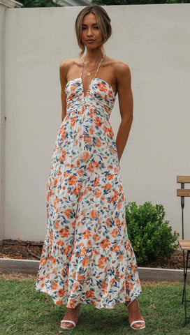 Orange Floral Halter Neck Midi Dress