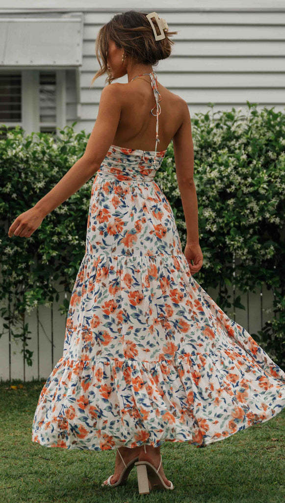 Orange Floral Halter Neck Midi Dress