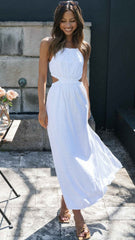 White Cutout Waist Slip Midi Dress