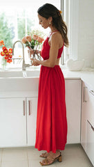 Red Cutout Waist Slip Midi Dress