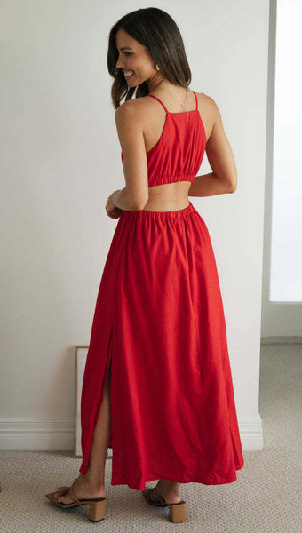 Red Cutout Waist Slip Midi Dress