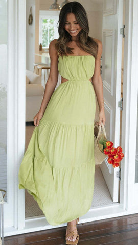 Green Cutout Waist Slip Midi Dress