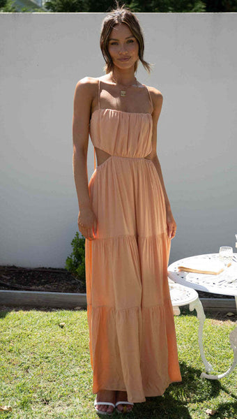 Orange Cutout Waist Slip Midi Dress