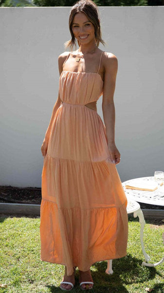 Orange Cutout Waist Slip Midi Dress